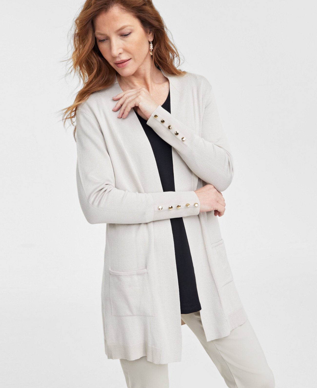 Plus Size Open-Front Long-Sleeve Cardigan, Exclusively at Macy's J&M Collection