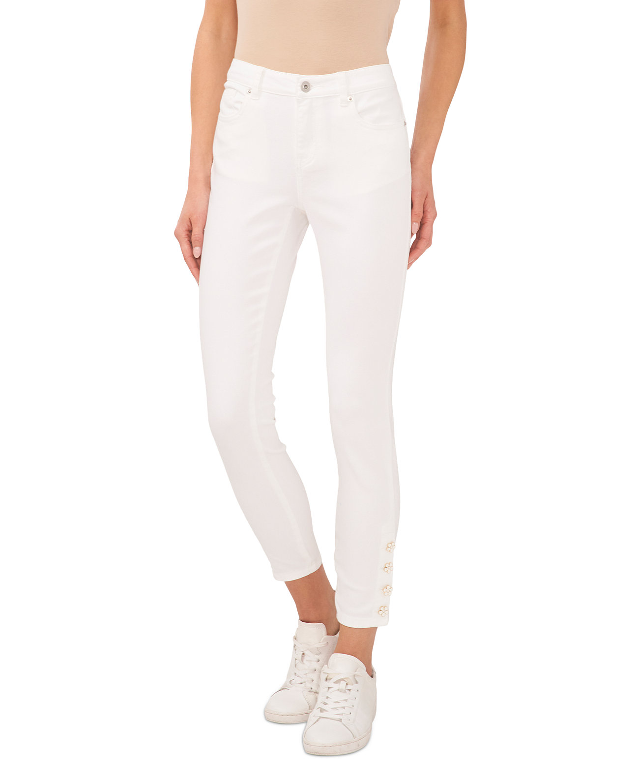 Женские белые выстиранные джинсы скинни со средней посадкой на пуговицах с цветочным принтом CeCe