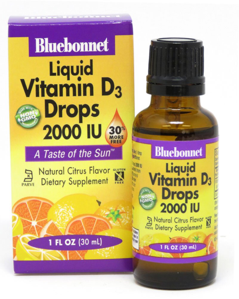 Liquid (Жидкость) Vitamin D3 Drops (Капли) Citrus -- 2000 IU - 1 fl oz (Жидкие унции) Bluebonnet Nutrition