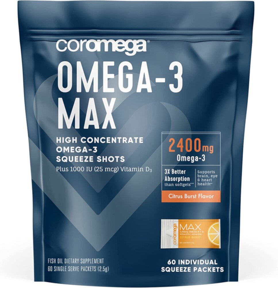 Омега-3 Max Citrus Burst — 2400 мг — 60 пакетиков Coromega