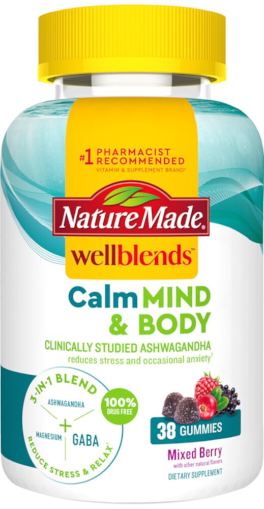 Wellblends Calm Mind & Body Stress Relief Aswagandha Gummies (Жевательные конфеты) with GABA & Magnesium Citrate -- 38 Gummies Nature Made