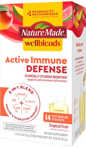 Wellblends Активная иммунная защита, газированная смесь для напитков с витамином С и порошком электролитов, тропическими фруктами, 14 упаковок Nature Made