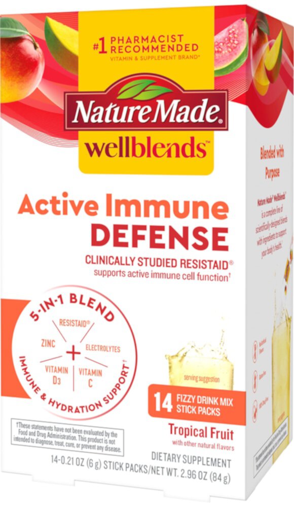 Wellblends Активная иммунная защита, газированная смесь для напитков с витамином С и порошком электролитов, тропическими фруктами, 14 упаковок Nature Made