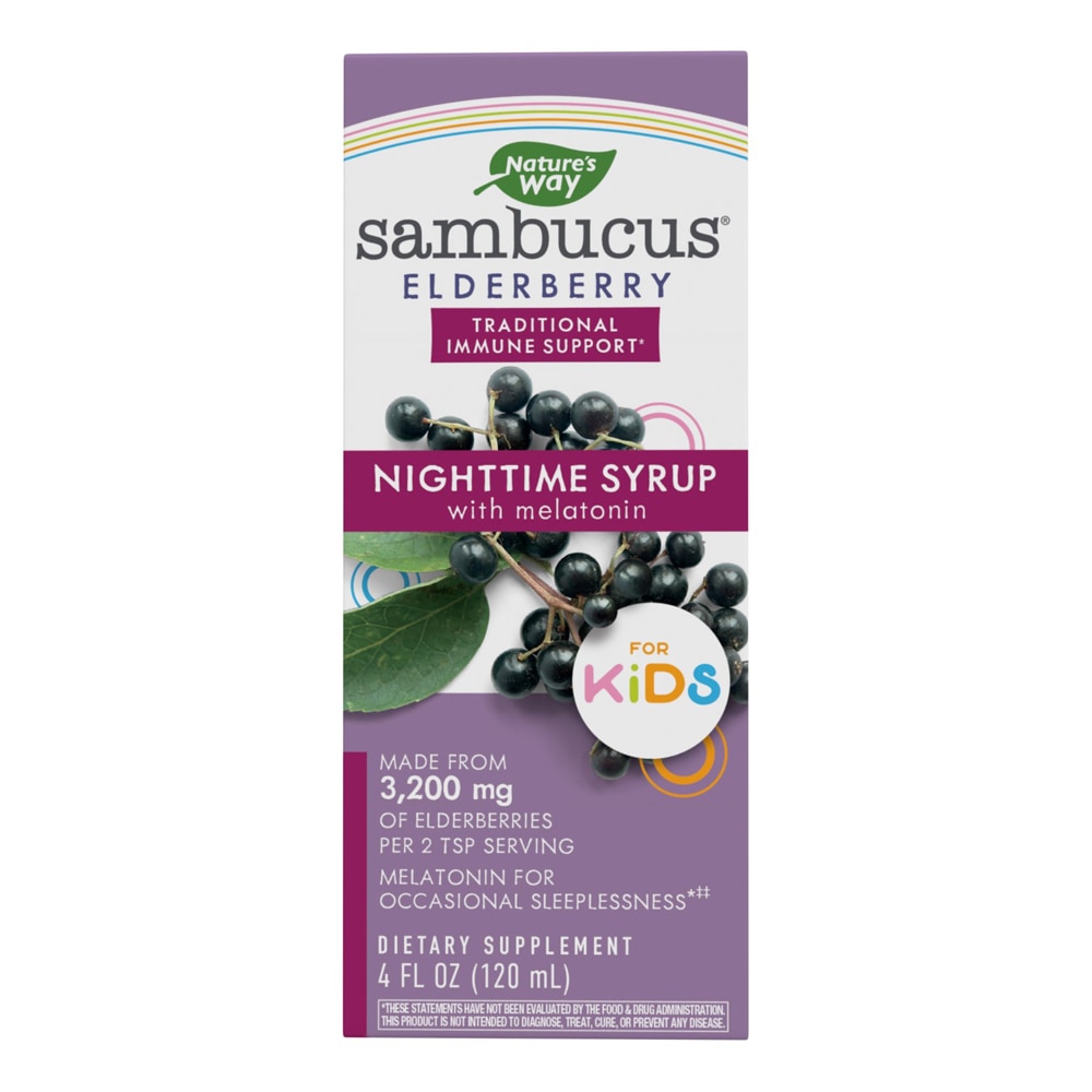 For Kids Sambucus Elderberry Nghttime Syrup with Melatonin -- 3200 mg - 4 fl oz (Жидкие унции) Nature's Way