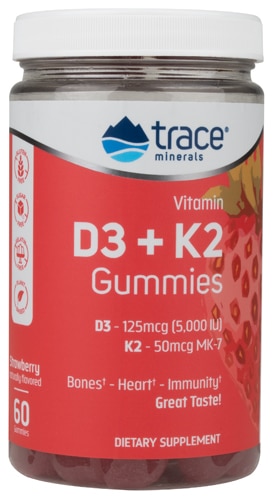Витамин D3 + K2 в жевательных конфетах со вкусом клубники - 60 жевательных конфет - Trace Minerals Trace Minerals ®
