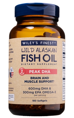 Рыбий жир дикой рыбы Аляски, пик ДГК и доза ЭПК – 180 мягких желатиновых капсул Wiley's Finest