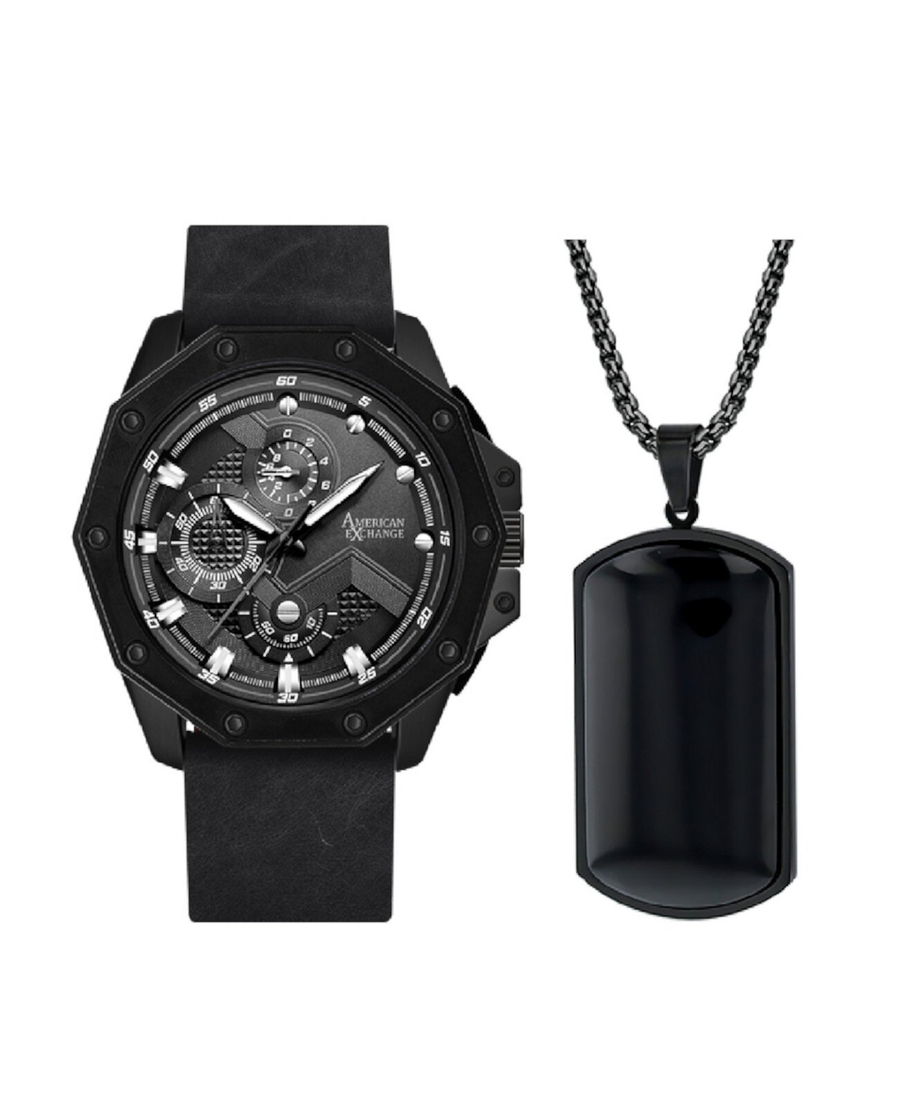 Мужские аналоговые кварцевые часы с тремя стрелками, матовый черный кожаный ремешок, 48 мм, подарочный набор American Exchange