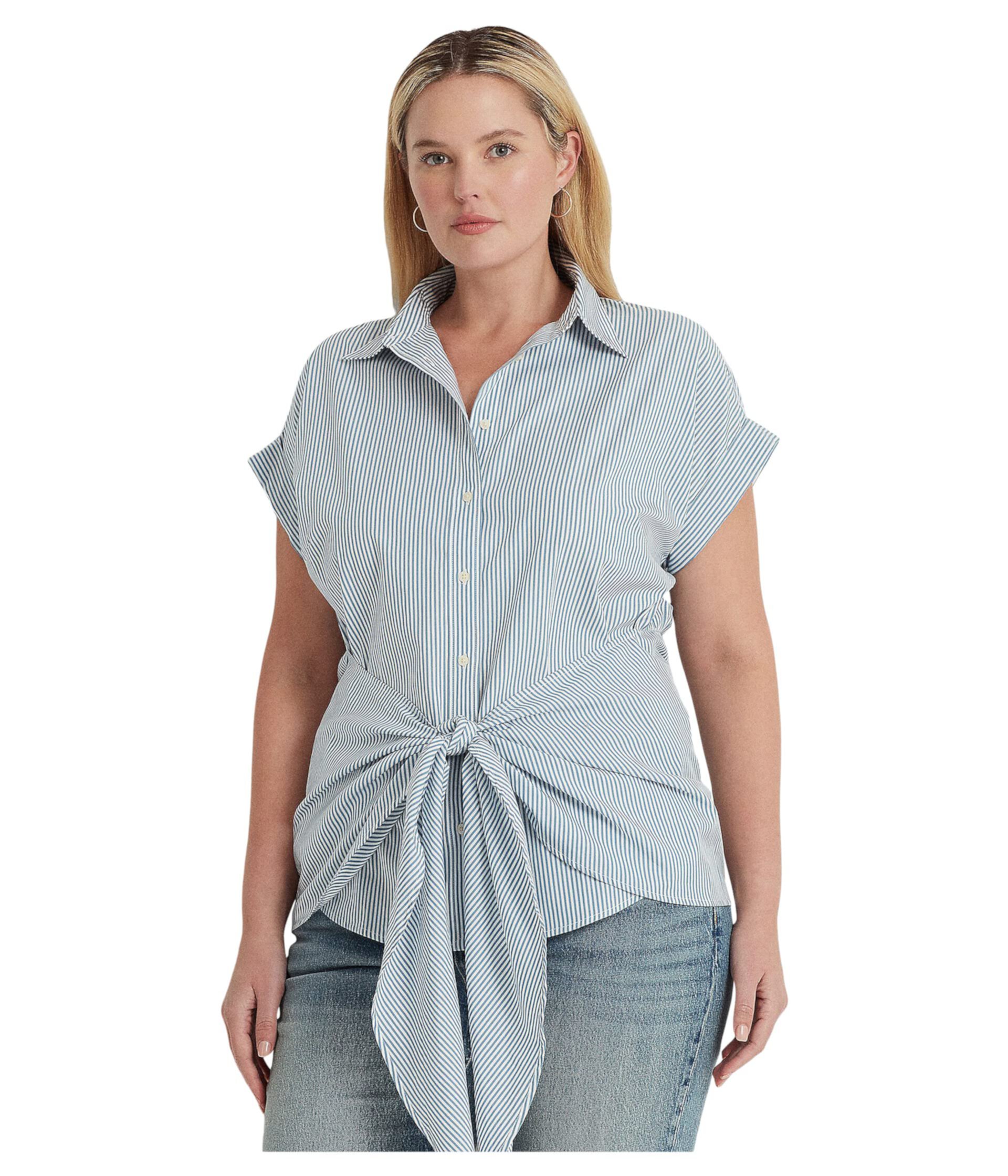 Плюс размер Рубашка из хлопкового сукна в полоску с завязками спереди LAUREN Ralph Lauren