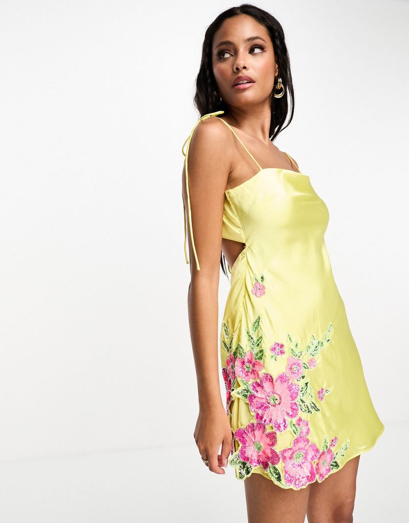 ASOS DESIGN embellished floral applique satin mini dress in yellow
