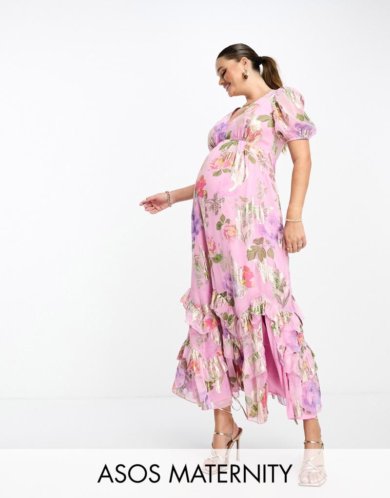 Женское Платье ASOS Maternity макси с рюшами в розовом люрексе ASOS Maternity