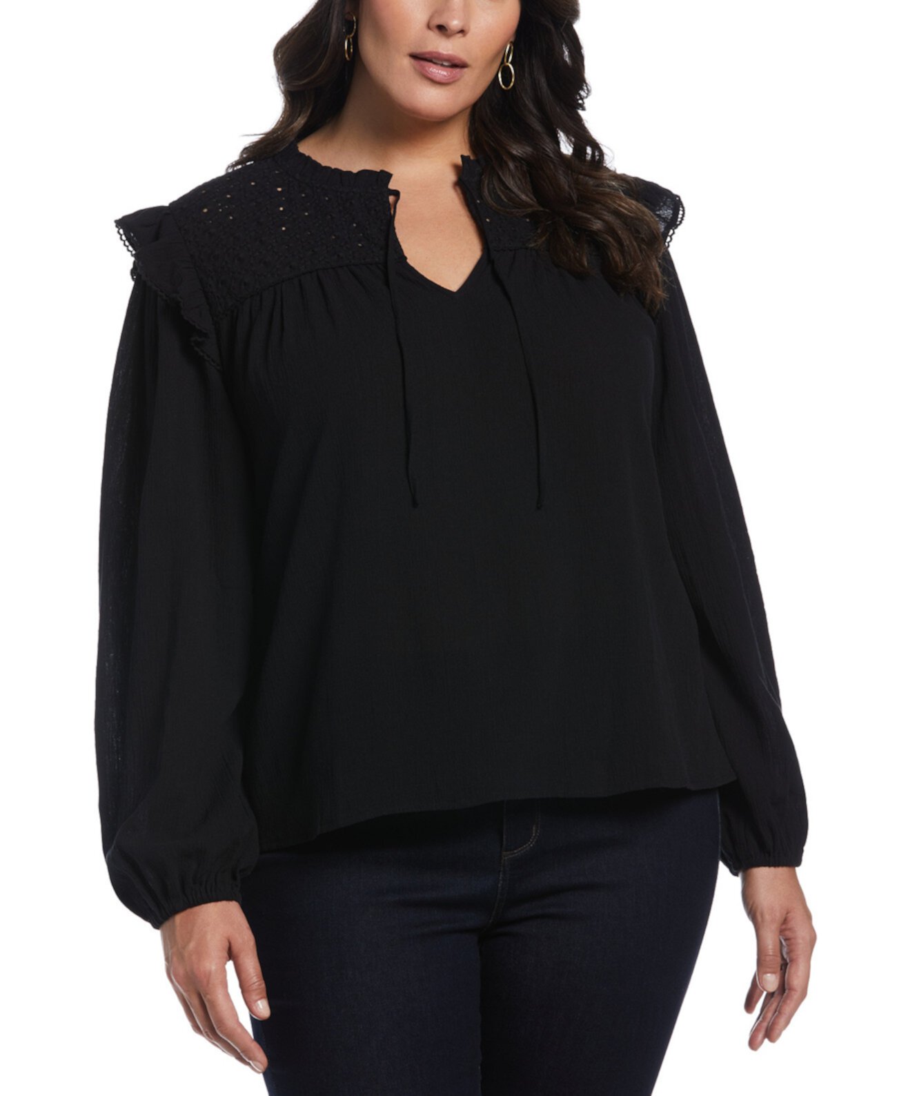 Женская Блузка ELLA Rafaella Plus Size Eyelet Yoke Ruffle Gauze Long Sleeve ELLA rafaella