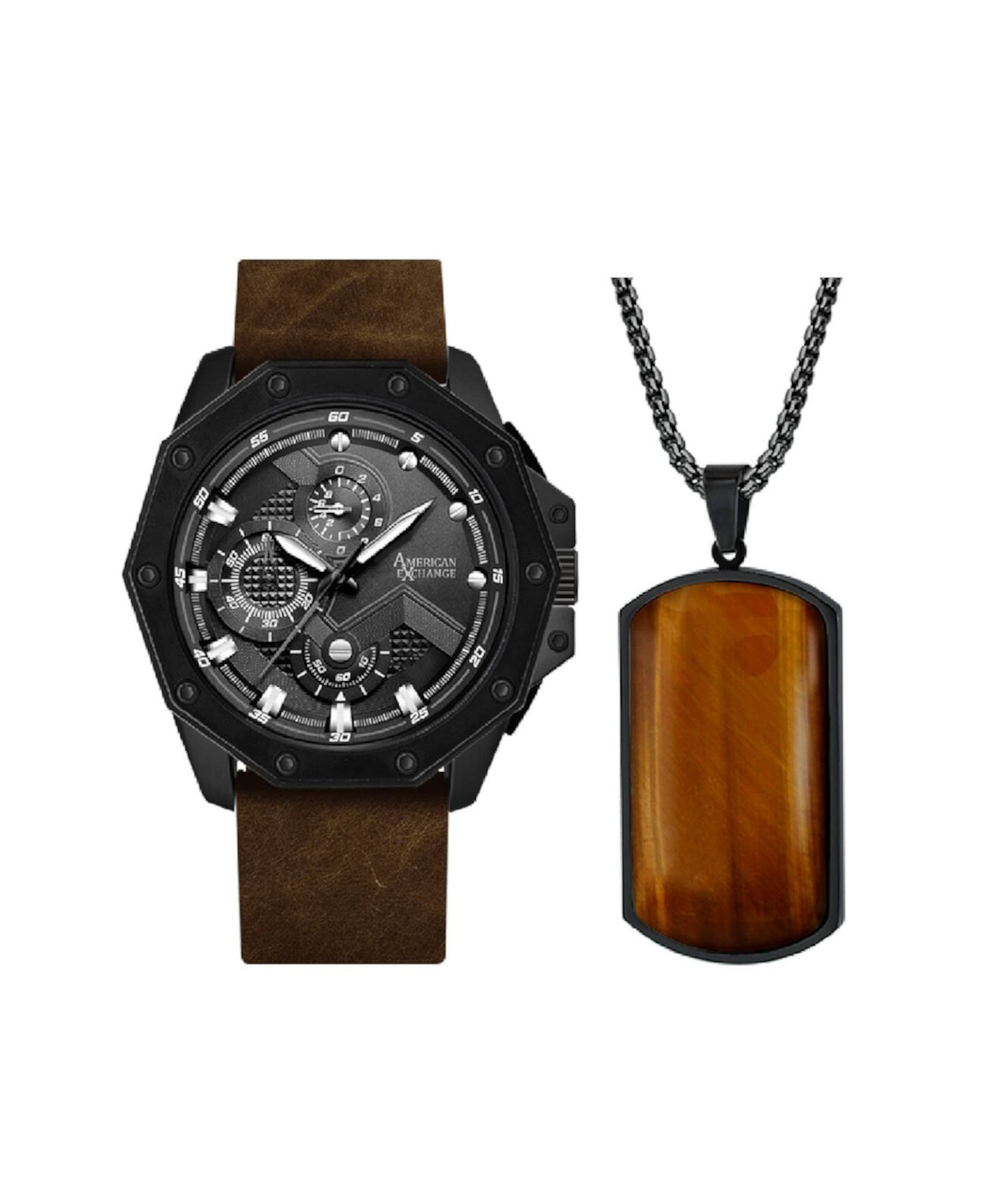 Мужские аналоговые кварцевые часы с тремя стрелками, матовый коричневый кожаный ремешок, 48 мм, подарочный набор American Exchange