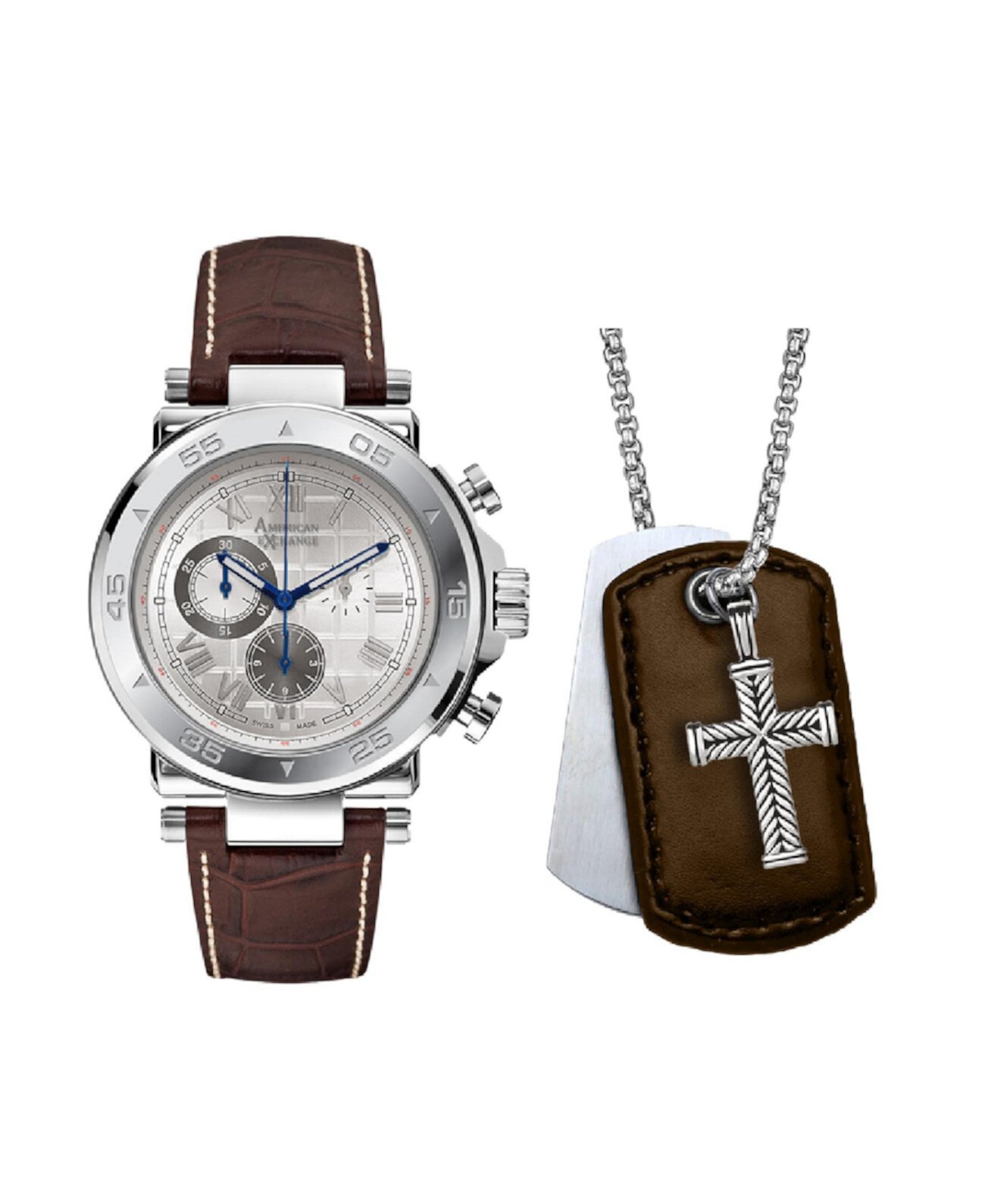 Мужские аналоговые кварцевые часы с тремя стрелками и коричневым кожаным ремешком, 44 мм, подарочный набор American Exchange