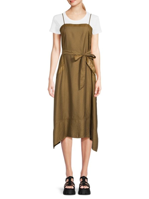 Платье-футболка с поясом и миди-трапецией DKNY