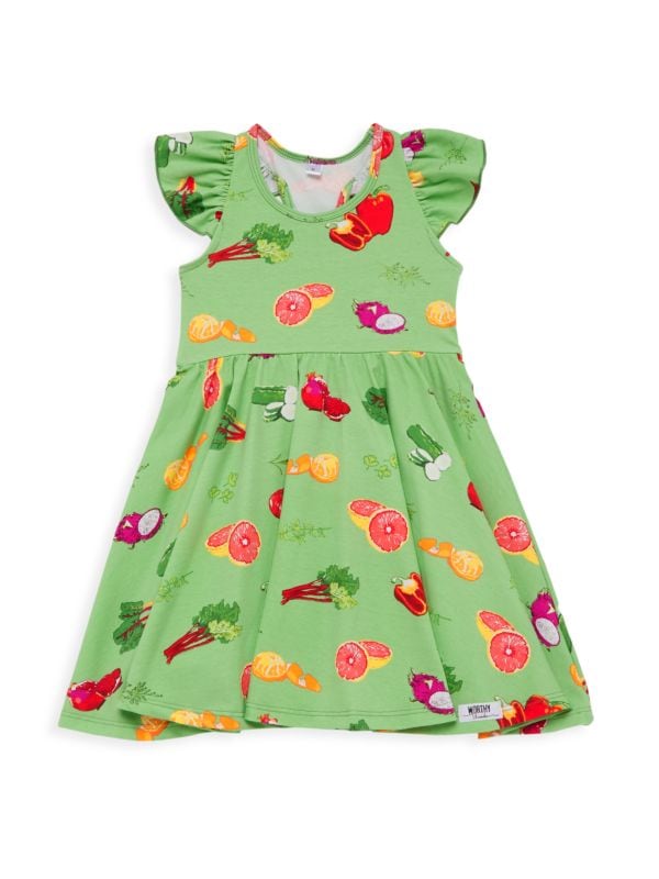 Baby's, Little Girl's &amp; Girl's Ruffle Sleeve Green Market Twirly Dress Worthy Threads
