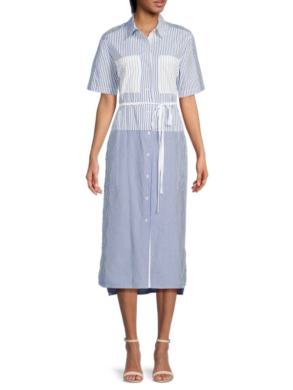 Полосатое платье-рубашка миди с поясом DKNY