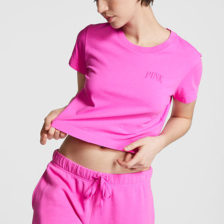 Cotton Cropped Short Sleeve T-Shirt Pink