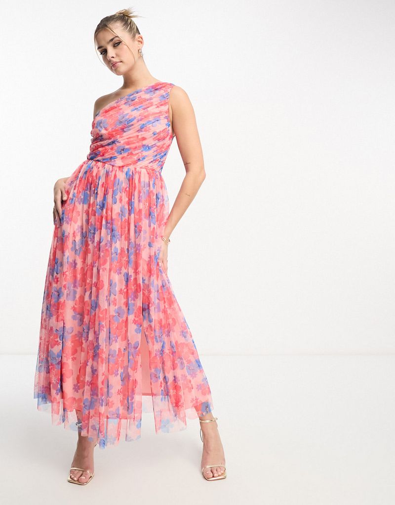 Платье средней длины из тюля Anaya на одно плечо с цветочным принтом Anaya