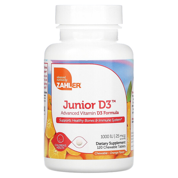 Junior D3, Advanced Vitamin D3 Formula, Orange, 25 mcg (1,000 IU), 120 Chewable Tablets Zahler