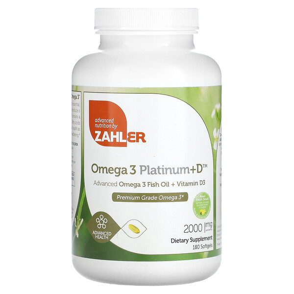 Omega 3 Platinum+D, Рыбий жир с улучшенными омега-3 + витамин D3, 2000 мг, 180 мягких таблеток (1000 мг на мягкую таблетку) Zahler