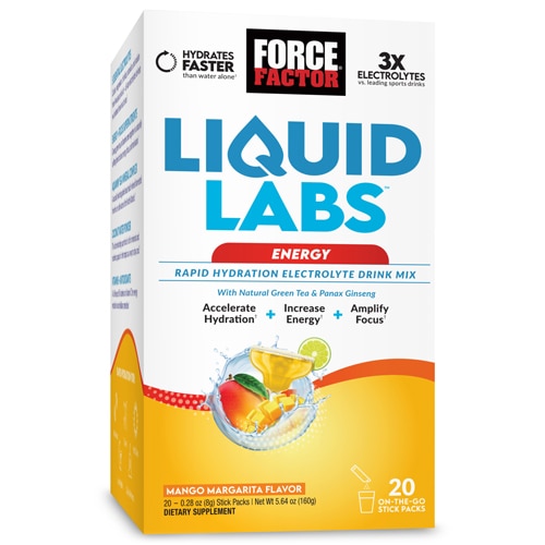 Liquid Labs Energy Rapid Hydration Electrolyte Drink Mix Mango Margarita -- 20 пакетиков в стиках Force Factor