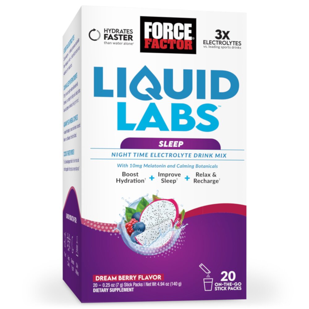 Liquid Labs Sleep Night Time Electrolyte Drink Mix Dream Berry -- 20 пакетиков в стиках Force Factor