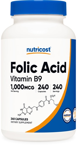 Фолиевая кислота – витамин B9 – 1000 мкг – 240 капсул Nutricost