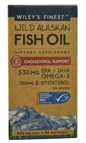 Рыбий жир из дикого аляскинского лосося для поддержки холестерина - 800 мг - 90 капсул - Wiley's Finest Wiley's Finest