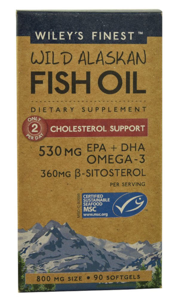 Рыбий жир из дикого аляскинского лосося для поддержки холестерина - 800 мг - 90 капсул - Wiley's Finest Wiley's Finest