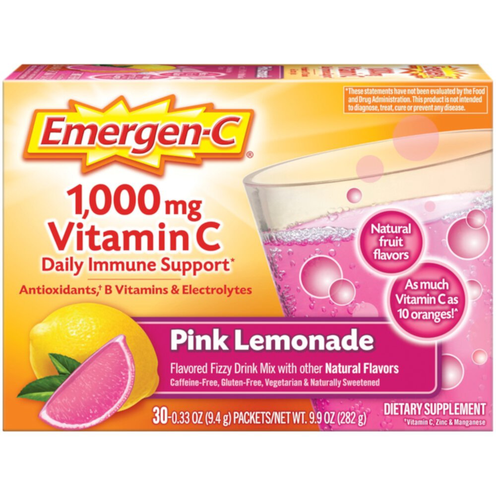 Витамин С, шипучий напиток, розовый лимонад - 1000 мг - 30 пакетиков - Emergen-C Emergen-C