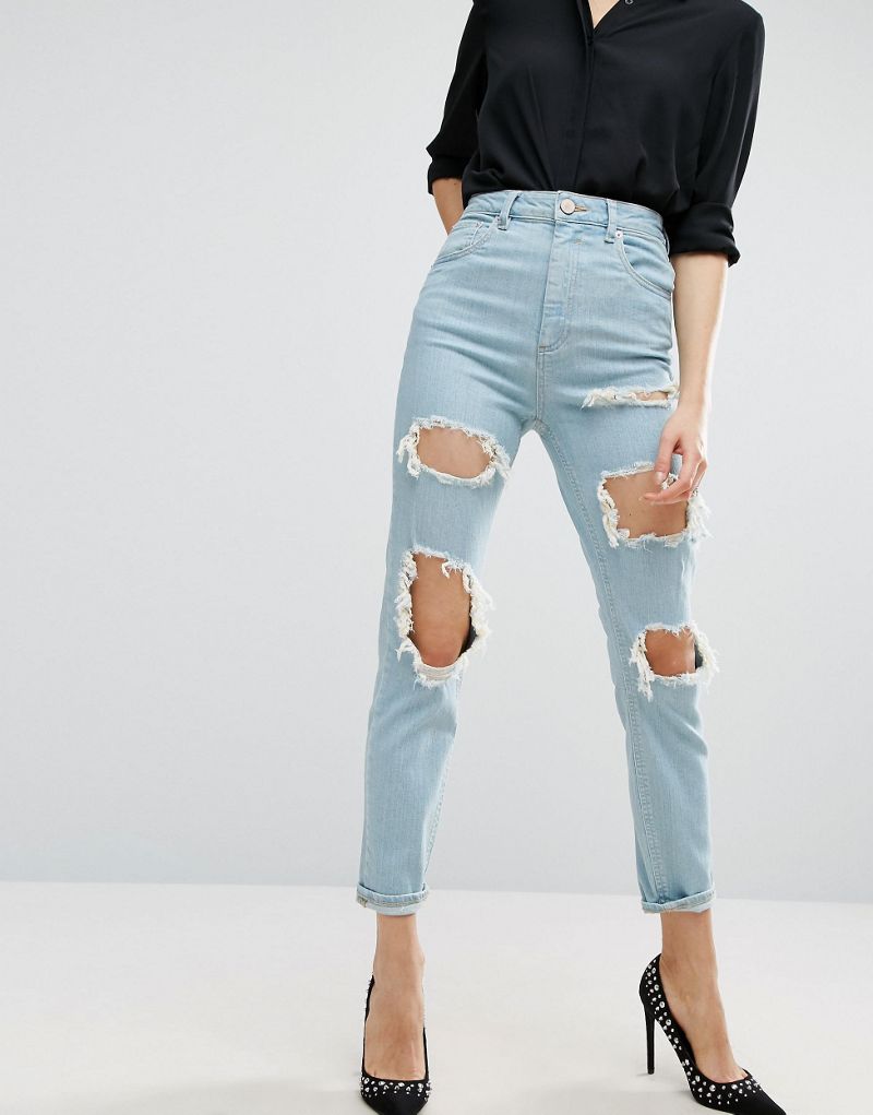 Светлые узкие джинсы Mom с завышенной талией и рваными краями ASOS FARLEIGH ASOS DESIGN