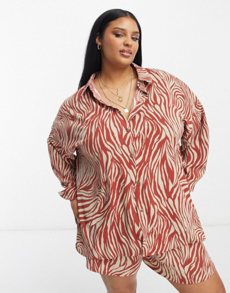 Атласная пляжная рубашка оверсайз In The Style Plus цвета зебры — часть комплекта In The Style