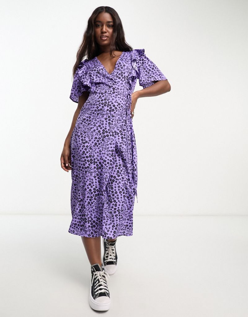 Платье миди с оборками и запахом Influence фиолетового цвета с цветочным принтом Influence