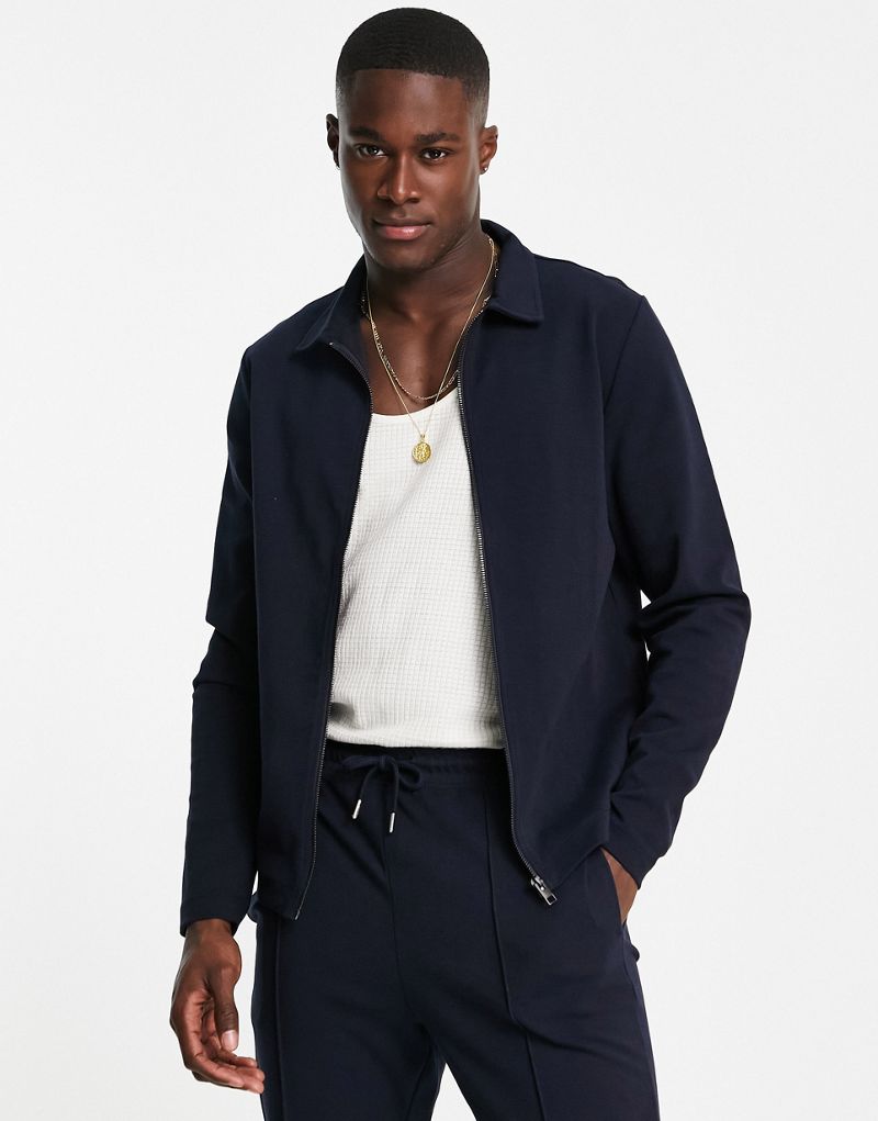 Темно-синяя трикотажная куртка на молнии Jack & Jones Premium — часть комплекта Jack & Jones
