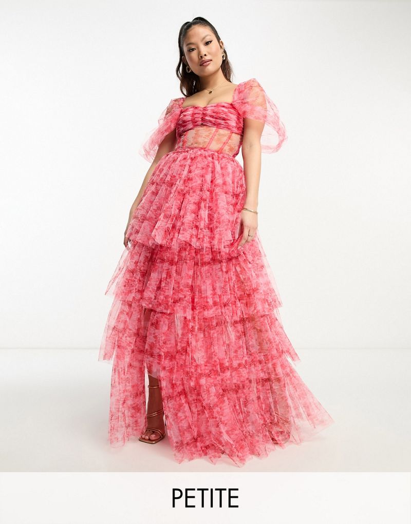Корсетное платье макси из тюля с открытыми плечами Lace & Beads Petite с розовым и красным цветочным принтом LACE & BEADS