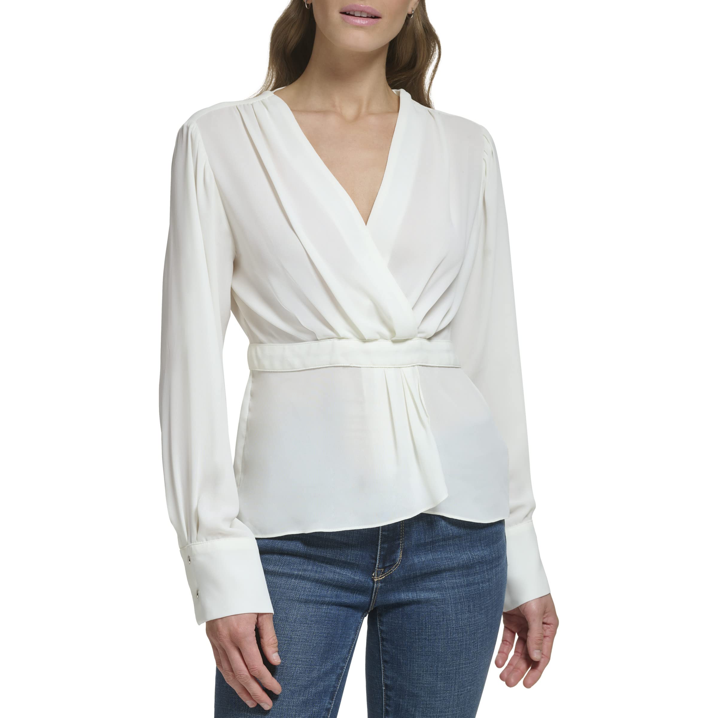 Long Sleeved Fixed Waist Surplice Blouse Dkny