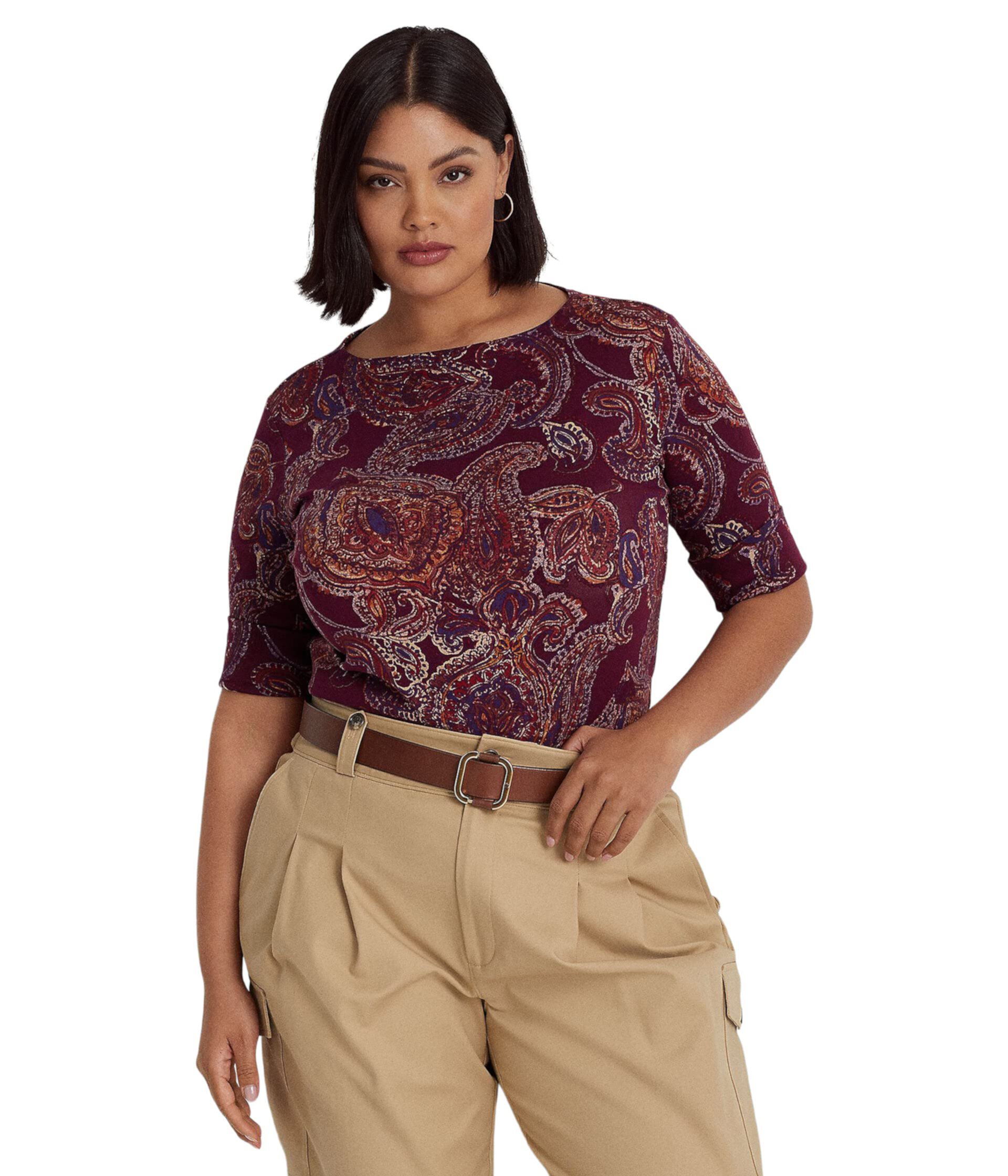 Женская Футболка LAUREN Ralph Lauren Plus Size Paisley Stretch Cotton Boatneck Top LAUREN Ralph Lauren