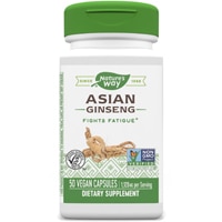 Азиатский женьшень — борется с усталостью — 1120 мг на порцию — 50 веганских капсул Nature's Way