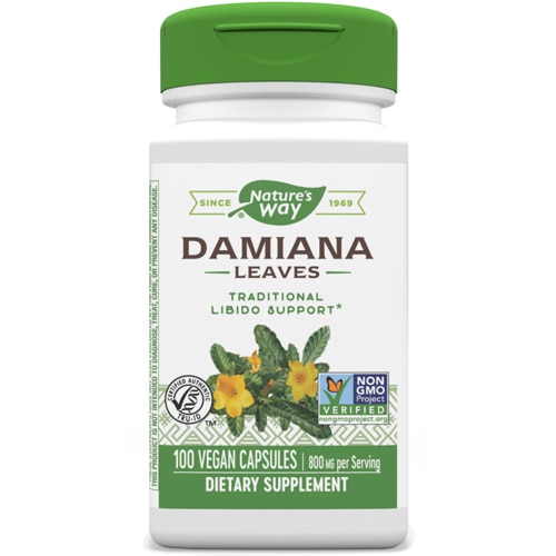 Листья дамианы — традиционная поддержка либидо — 800 мг на порцию — 100 веганских капсул Nature's Way