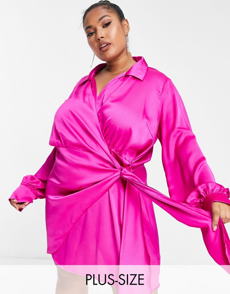 Атласное мини-платье с запахом Never Fully Dressed Plus розового цвета фуксии NEVER FULLY DRESSED