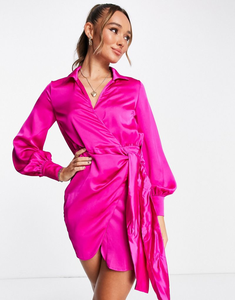 Атласное мини-платье с запахом Never Fully Dressed розового цвета фуксии NEVER FULLY DRESSED