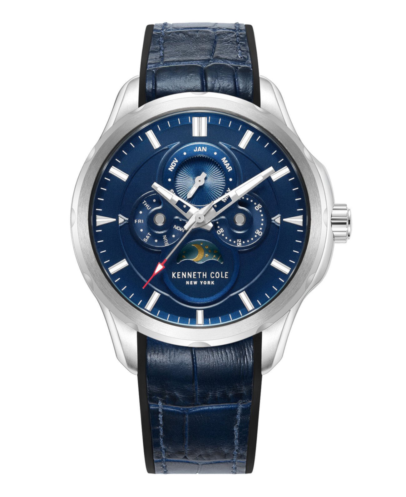 Мужские многофункциональные деловые спортивные часы из натуральной кожи синего цвета, 42 мм Kenneth Cole