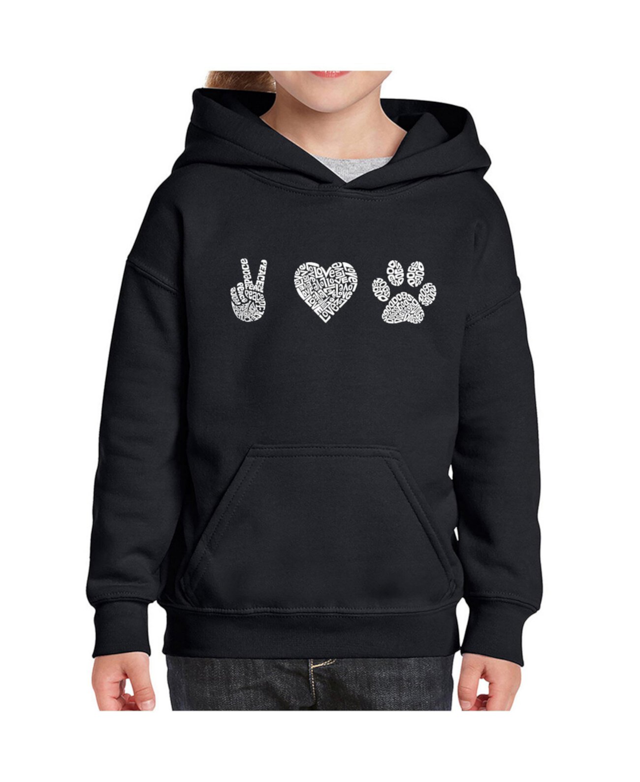 Big Girl's Word Art Hooded Sweatshirt - Peace Love Dogs LA Pop Art