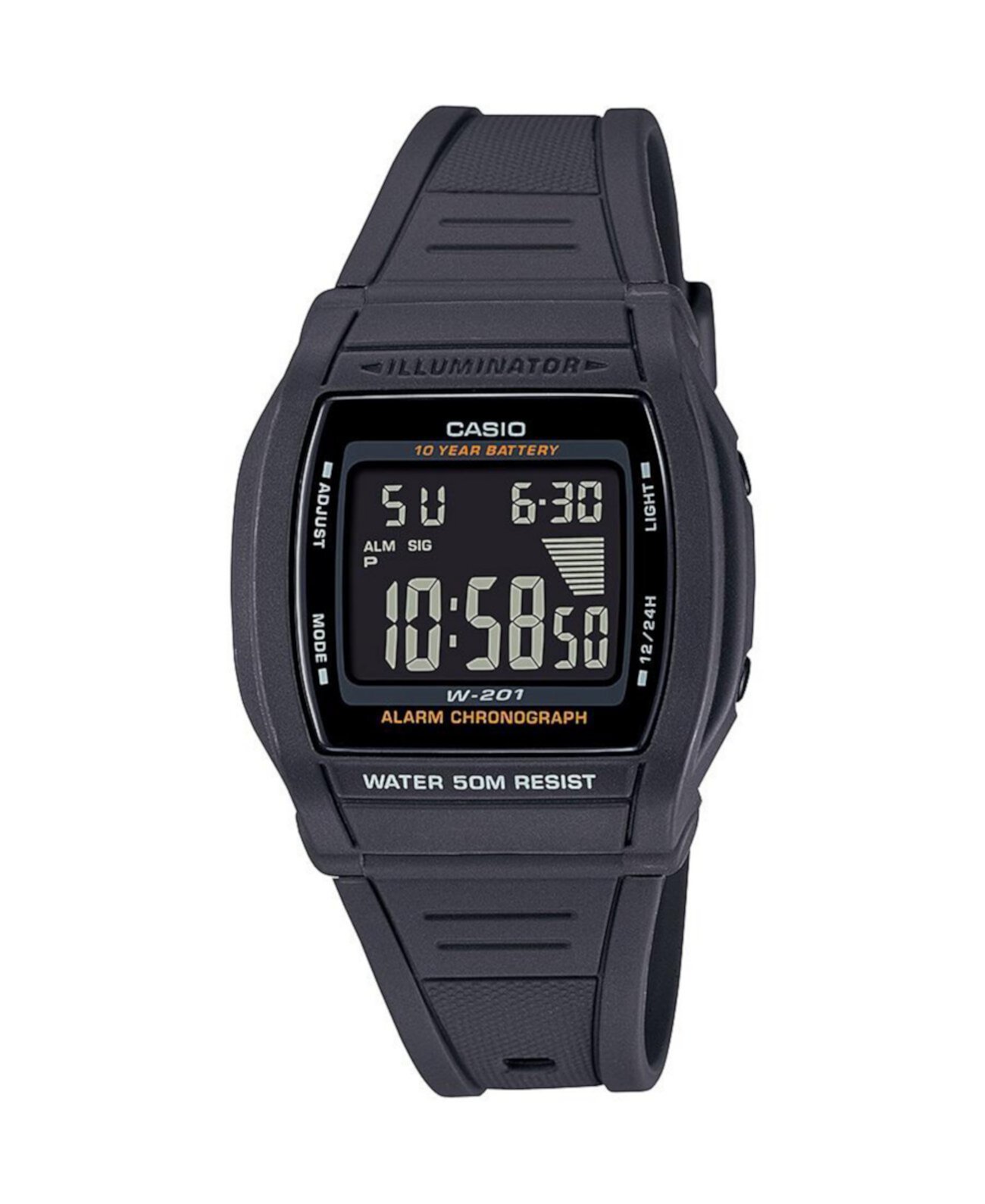 Мужские цифровые кварцевые часы из серой пластмассы 36 мм, W201-1BV Casio