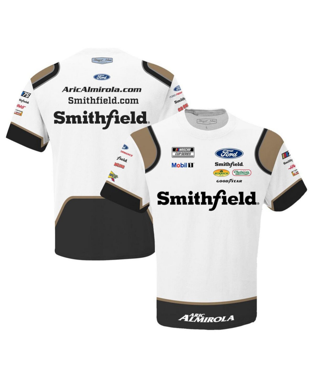 Мужская белая сублимированная футболка Aric Almirola Smithfield Team Uniform Stewart-Haas Racing Team Collection