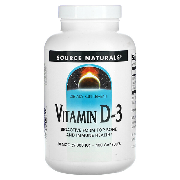 Витамин D-3, 50 мкг (2000 МЕ), 400 капсул Source Naturals