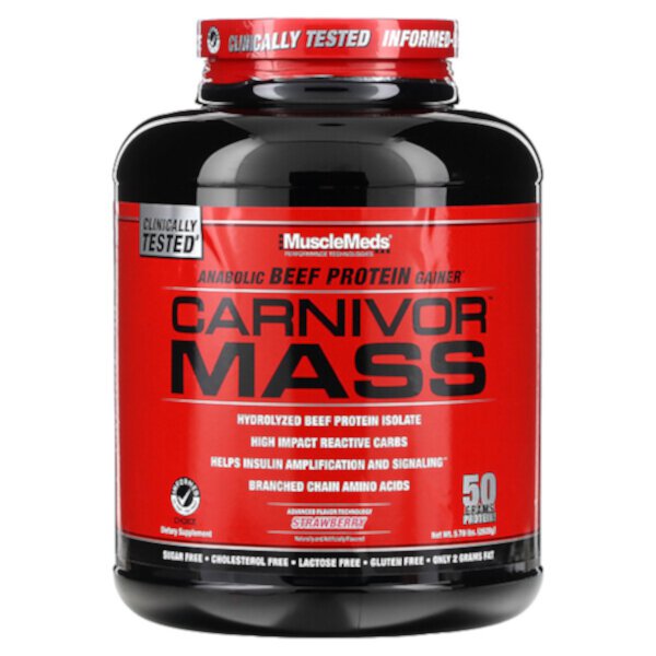Carnivor Mass, Анаболический гейнер из говяжьего белка, клубника, 5,79 фунта (2698 г) MuscleMeds