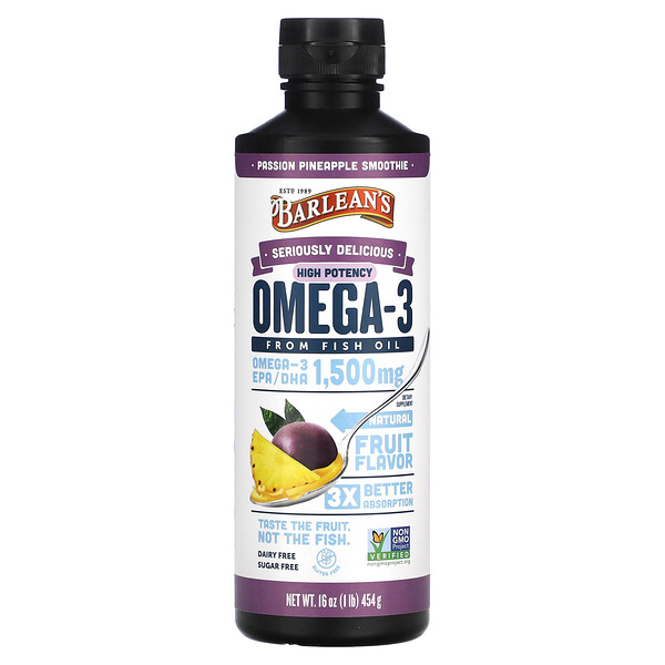 Seriously Delicious, Omega-3 из Рыбьего Жира, Высокая Мощность, Смузи Страсть и Ананас, 1500 мг, 454 г - Barlean's Barlean's