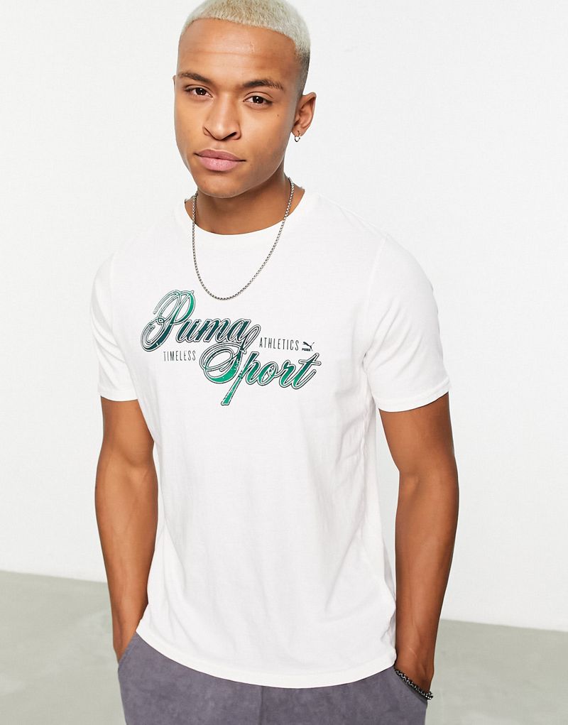 Мужская хлопковая футболка PUMA с надписью Timeless Athletics в белом цвете PUMA