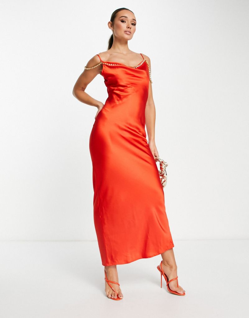 Ярко-оранжевое атласное платье-комбинация макси Rare London Rare
